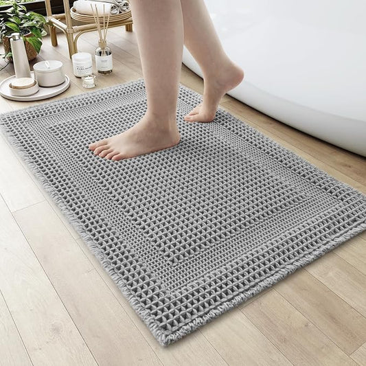 AMOAMI Waffle Bath-Mat, Absorbent Bath Mats for Bathroom Non Slip, Machine Washable Bathroom Rugs with Tassels Ultra Soft Boho Bath Rugs for Floor 24"x36" Grey