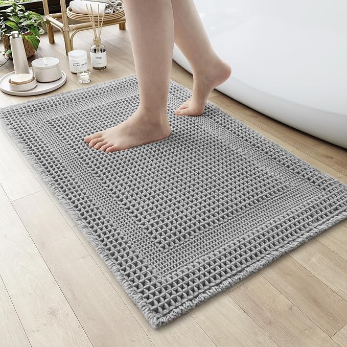 AMOAMI Waffle Bath-Mat, Absorbent Bath Mats for Bathroom Non Slip, Machine Washable Bathroom Rugs with Tassels Ultra Soft Boho Bath Rugs for Floor 17"x24" Grey