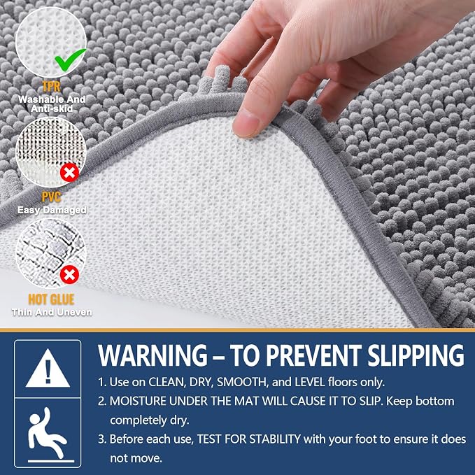 Arotive Bathroom Rugs 47x17, Soft Absorbent Shaggy Chenille Bath Rugs | Grey, Machine Washable Rubber Backing Bath Mats for Bathroom Floor Tub and Shower Home Decor Accessories