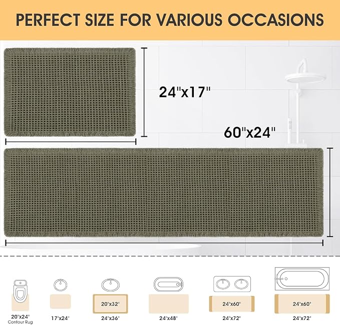 Waffle Bath Mat Set 2 Piece Olive Green,Woven Modern Bath Rug Mats, Absorbent Non Slip Bath Floor Mat, Soft Washable Boho Bath Rugs with Tassels for Bathroom, Bedroom, Kitchen,Tub