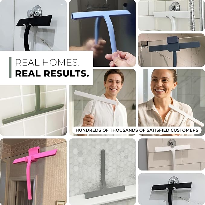 Silicone Shower Squeegee for Glass Doors & Mirrors with Stainless Steel Core, Streak-Free & No-Squeak Window Cleaning, 3-in-1 No-Drill Mount (Hook/Suction/Adhesive),Gray, 9 Inches