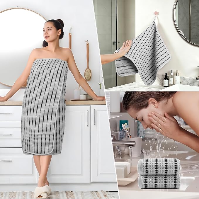 POLYTE 430 GSM Poly Blend Microfiber Quick Dry Waffle Bath Towel Set of 6 | 2-Body Towels, 2-Hand Towels, 2-Wash cloths, Oversize, Lint Free