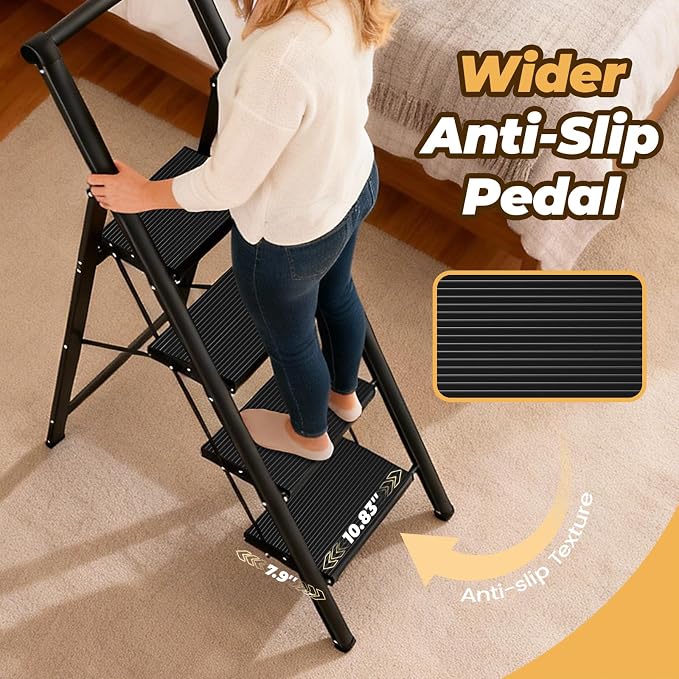 HBTower 4 Step Ladder, Lightweight Aluminum Folding Step Stool | Anti-Slip Wide Pedal, 330lbs Capacity Step Ladder for Household Kitchen Office, Black