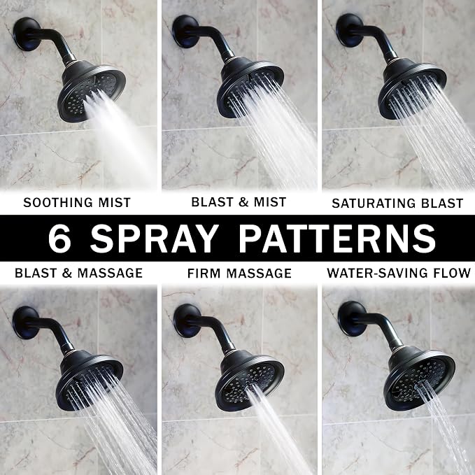Massage Shower Head With Mist - 2.5 GPM - Oil-Rubbed Bronze | High Pressure Boosting, 6 Function Adjustable Massaging Rainfall Showerhead For Low Flow Baths With Water Saving Nozzles