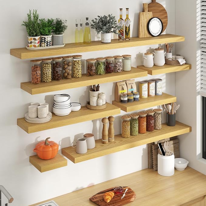 20 Inch Floating shelves for Wall, 8 Inch Deep, Invisible Brackets, Oak | Rustic Wall Mounted Shelf, Storage & Display, Wooden Shelves for Living Room, Kitchen, Bathroom and Home Decor, Set of 2