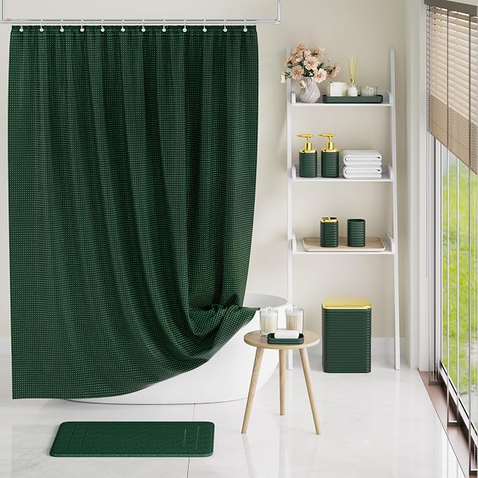 Bathroom Set - 25PC Bathroom Sets with Shower Curtain and Rugs, Green Bathroom Set, Bathroom Accessory Set, Luxury Bathroom Accessories Set, Trash Can, Toilet Brush, Soap Dish & Soap Dispenser