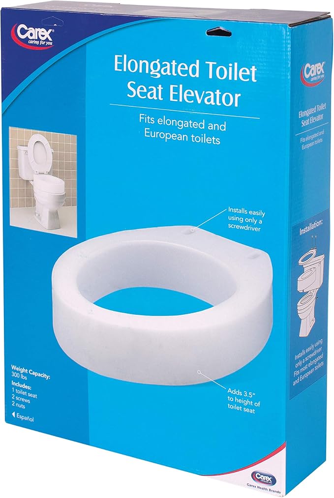 Carex Toilet Seat Riser, Elongated Raised Toilet Seat Adds 3.5 inches to Toilet Height, Assists with Bending or Sitting, Bolt-On Installation Under Existing Toilet Seat, 300 Pound Weight Capacity