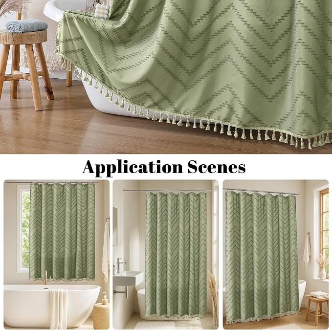 Extra Long Light Green Boho Shower Curtain, Chic Tufted Chevron Striped Textured Cloth Fabric Shower Curtains with Tassel for Bathroom, Soft Hotel Style Farmhouse, Machine Washable, 72x96