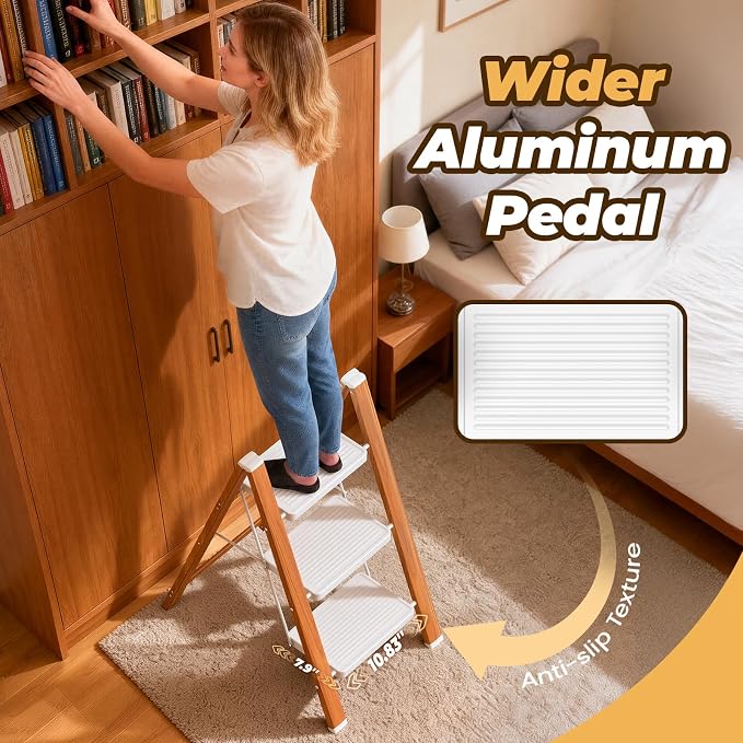 HBTower 3 Step Ladder, Lightweight Aluminum Folding Step Stool | Anti-Slip Wide Pedal, 330lbs Capacity Step Ladder for Household Kitchen Office, WhiteWoodgrain