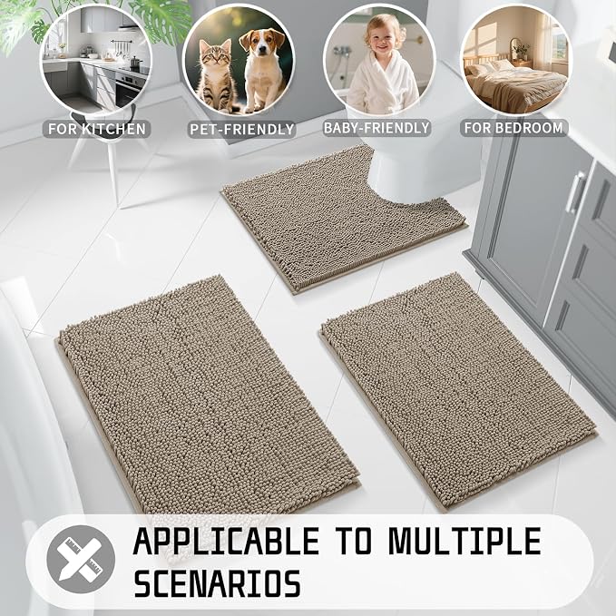 Yimobra Washable Bathroom Rugs, Super Soft & Absorbent Chenille Bath Mat for Floor & Carpet, Quick Dry Non Slip Bath Mat for Tub Shower, 32"x20",Camel