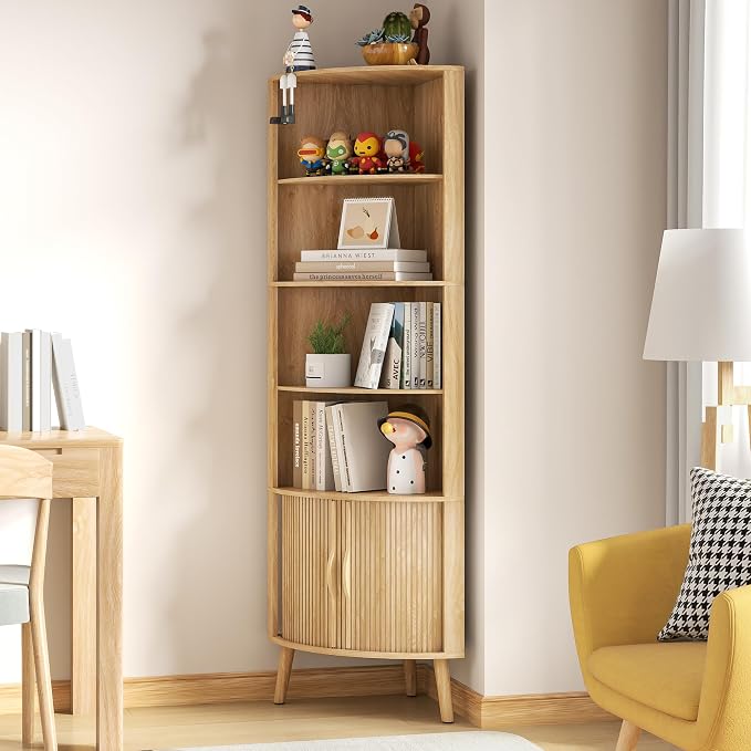 66'' Tall Corner Bookshelf with 2 Fluted Sliding Doors, Oak | 5-Tier Corner Shelf, 5 Shelf Bookcase,Mid-Century Modern,Freestanding Display Storage Organizer for Living Room,Office