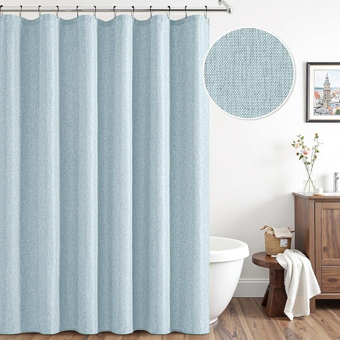 ANRODUO Fog Blue Linen Textured Fabric Shower Curtain Set - W72xL72 | Farmhouse Shower Curtain with 12 Metal Hooks, Waterproof Heavy Duty, Button Hole Design, Machine Washable for Bathroom