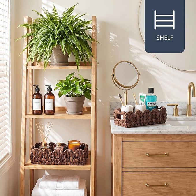 Toilet Tank Basket for Bathroom,Scalloped Edge Wicker Basket for Toilet Paper Storage,Small Baskets for Countertop,Shelves,Living Room,Bedroom,Bath Organizer&Decor,Water Hyacinth,Brown,2 Pack