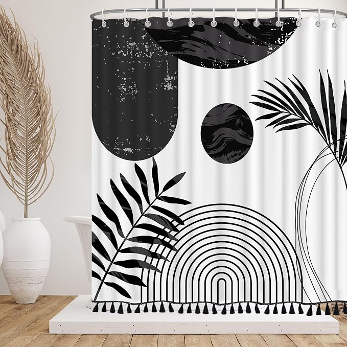 Boho Mid Century Leaf Shower Curtain Set,Arch Sun Design,Minimalistic Leaves Pattern,Waterproof and Luxurious Fabric-12 Hooks(Black-72" x 96")