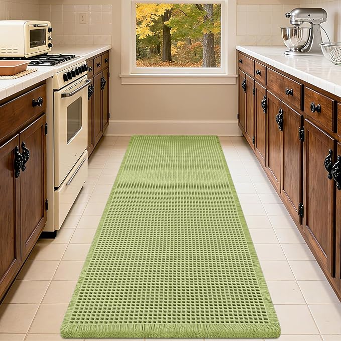Waffle Bath Mat Sage Green 5'x2', Boho Woven Modern Bath Mat Rugs, Absorbent Non Slip Bathroom Rugs, Soft Washable Bath Rugs with Tassels for Bathroom, Bedroom, Kitchen, Shower, Tub