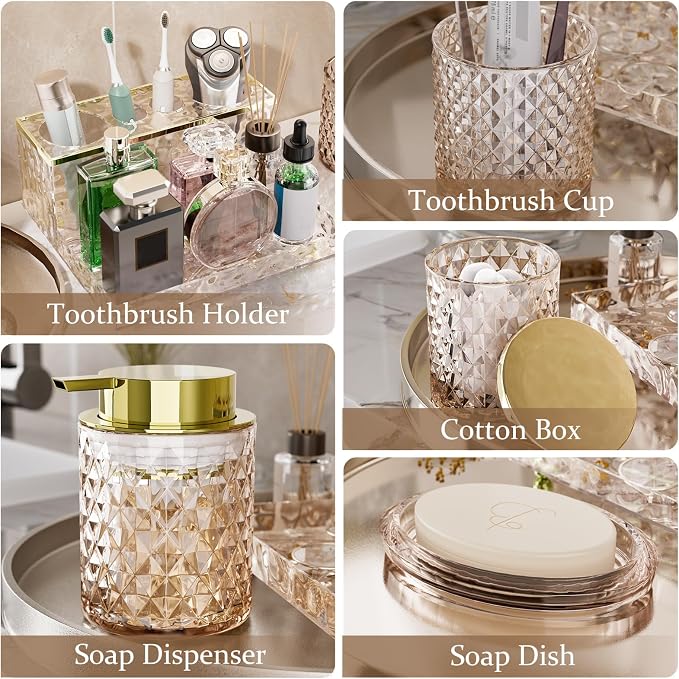 Glass Bathroom Accessories Set 5Pcs Crystal Brown - Foaming Soap Dispenser, Soap Dish, Cup, Acrylic Toothbrush Holder with Tray Organizer, Cotton Swab Jar, Bathroom Counter Set Sink Decor