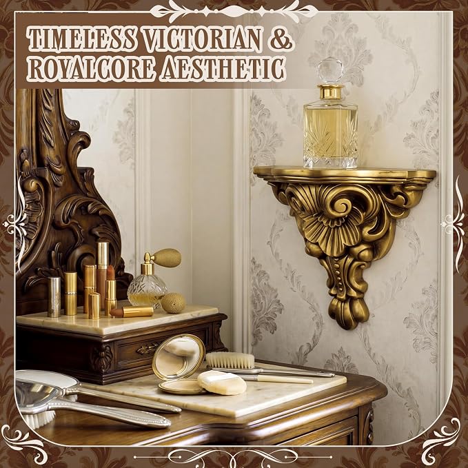 Pinkunn 11" Vintage Antique Gold Floating Wall Bracket | French Country Fleur De Lis Victorian Baroque Floating Shelf, Gothic Decorative Bracket for Living Room, Bedroom & Entryway