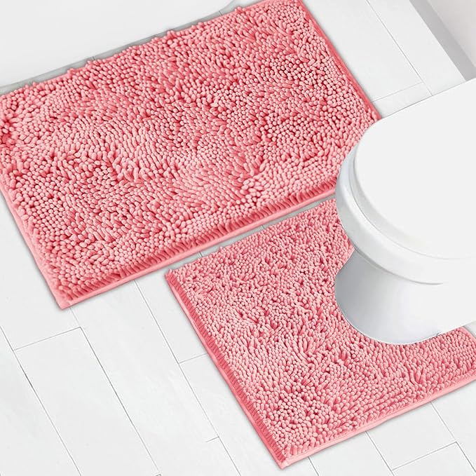 Bathroom Rugs Chenille Bath mat 2 Piece Set, Super Absorbent, Strong PVC Non Slip Backing, Bath mats for Bathroom, Plush Shaggy, Thick, Machine Washable, Bathtub, Shower, Toilet.(Pink)