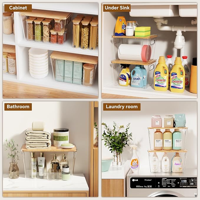 2 Large and 2 Small Pantry Organizers and Storage with Bamboo Lids, Stackable Clear Bins for Onion, Potato, Fruit, Vegetables, Trash Bag Dispenser, Kitchen and Under Sink Organizer