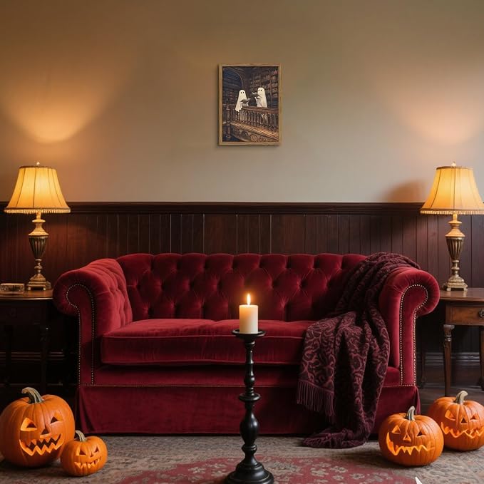 Framed Halloween Ghost Wall Art, Vintage Cute Ghost Reading Canvas Wall Decor Paintings, Dark Academia Book Artwork Poster Print Picture for Library Bedroom Living Room 12x16 Inch