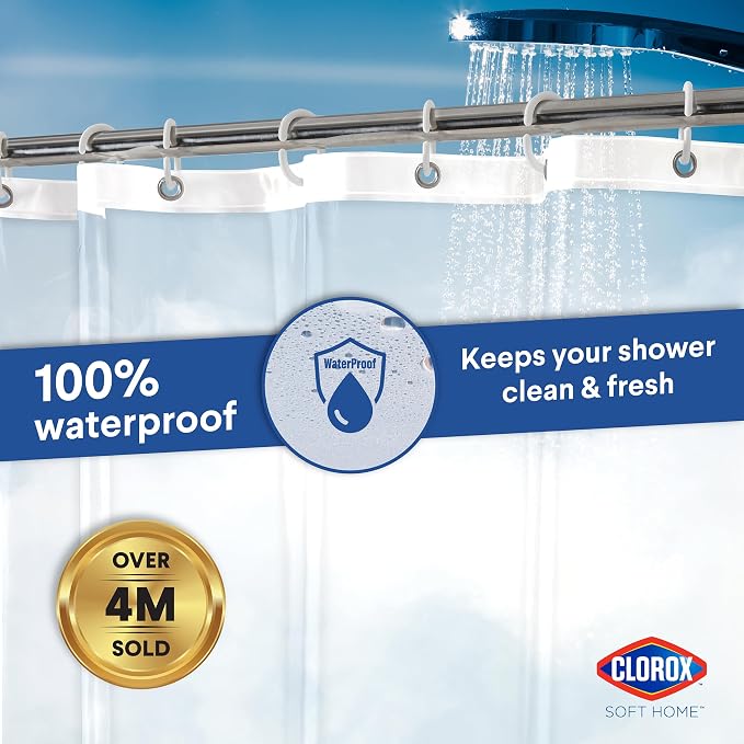 Clorox Shower Curtain Liner & Hooks, Premium Lightweight Flexible Waterproof 4g PEVA for Bathroom with Weighted Magnets, Standard Size 70" x 72", Clear 1 Pack