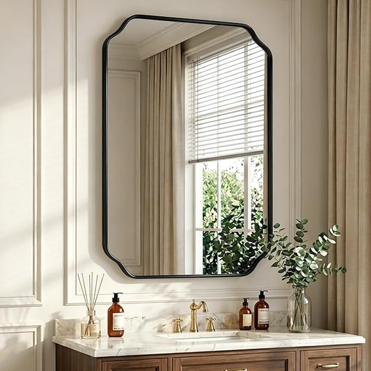 32"x24" Black Wall Bathroom Mirror, Scalloped Edge Vanity Mirror | Hangs Vertically/Horizontally, Wooden Frame Decorative Mirror, For Vanity, Bedroom & Entryway, Aesthetic Bathroom Decor