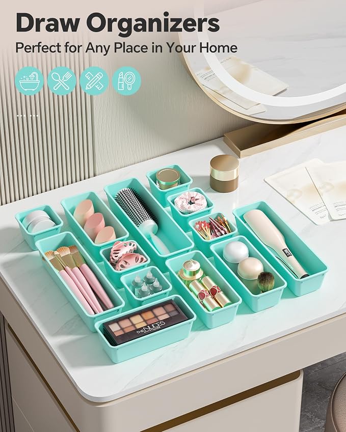 Canfanni 13 Pack Plastic Drawer Organizers Set, 3 Sizes Desk Drawer Organizer Trays for Vanity and Makeup Organizer, Organization and Storage for Makeup, Kitchen Utensils, Bathroom and Office(Blue)