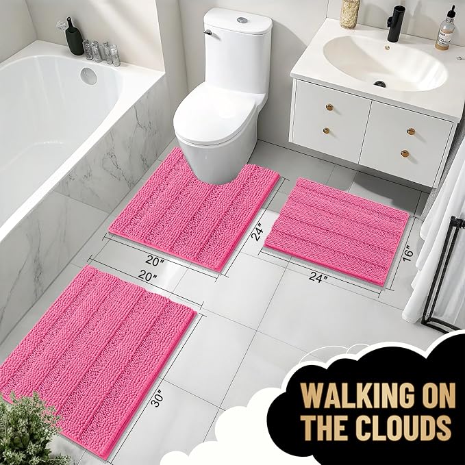 OLANLY Thick Bathroom Rugs 36x24, Soft Chenille Striped Bath Rugs, Hot Pink | Rubber Backing, Machine Wash, Extra Absorbent Bath Mats for Bathroom Floor, Tub and Shower, Home Decor Accessories