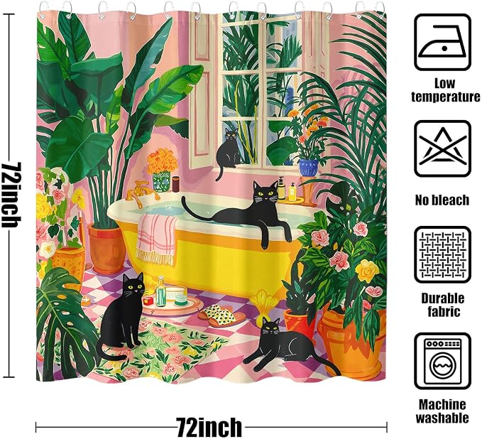 Accnicc Boho Cat Shower Curtain Cute Funny Black Cats Matisse Shower Curtains for Bathroom Green Tropical Plants Flowers Pink Yellow Decorative Waterproof Fabric Bath Curtain Decor 72 X 72 Inches