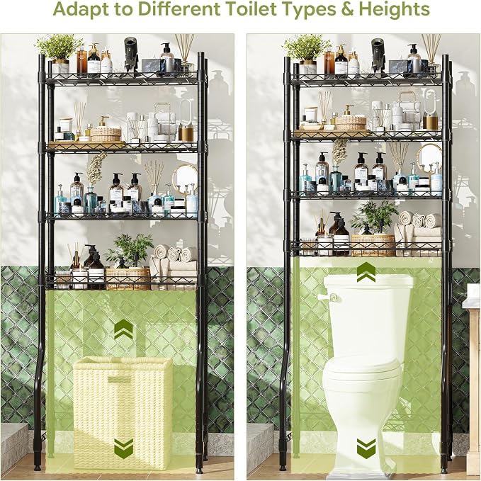Simple Trending 4 Tier Over The Toilet Storage Rack, Bathroom Organizers and Storage Over Toilet with Adjustable Shelf and Basket, (Black)