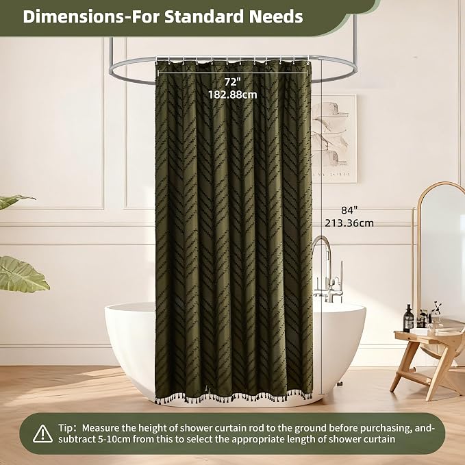 Siiluminisoy Extra Long Olive Green Boho Shower Curtain with Tassel, Woven Fabric 84 in Shower Curtain, Tufted Chevron Striped, 72 x 84, Modern Chic Textured Minimalist Bathroom Shower