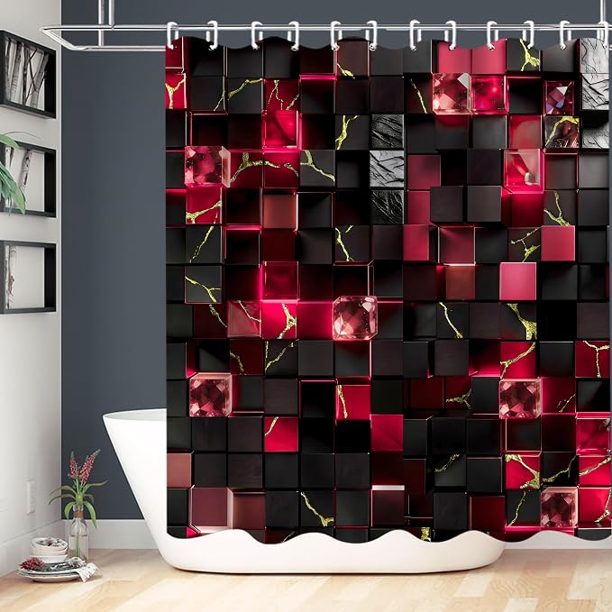 LQCOOL 4Pcs Black and Red Shower Curtain Set 3D Cubes Bathroom Sets Modern Shower Curtain Set for Bathroom Sets with Rugs and 12 Hooks | Waterproof Polyester & Soft Flannel. 12 Hooks, Toilet Lid Cover & U-Shaped Mat with Black Red Gold for Modern Decor.