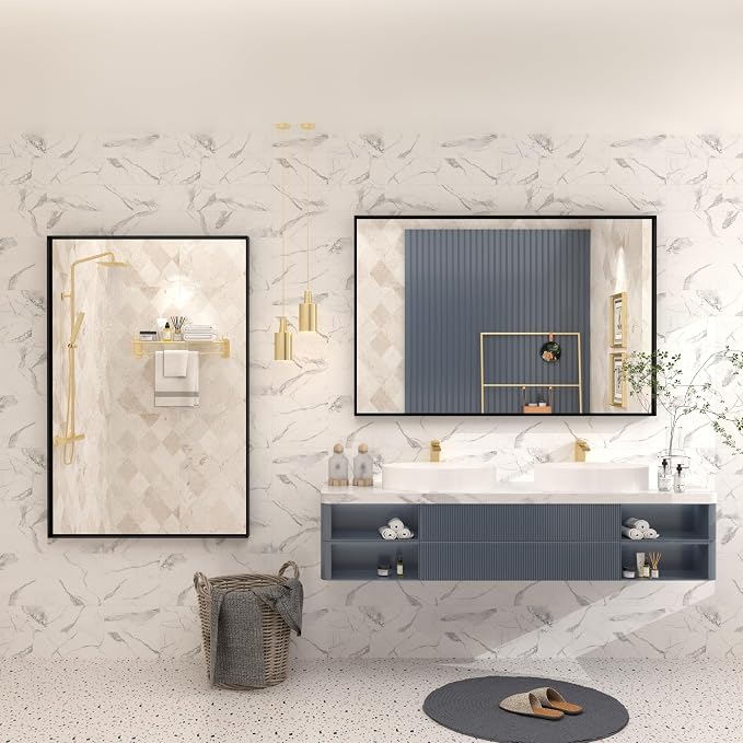 48x30 Inch Black Metal Framed Bathroom Mirror for Wall | Black Matte Bathroom Vanity Mirror, Rectangle, Anti-Rust, Right Angle, Tempered Glass, Hangs Horizontally or Vertically