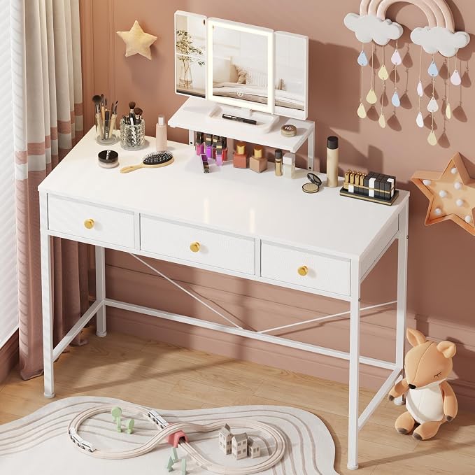 Small Makeup Vanity Desk 40''W with Mirror and Lights, 3 Drawers | USB Lighted Mirror, Height-Adjustable Stand, Fabric Drawers, Girls/Kids Gifts, Bedroom, Small Space, Dorm, White
