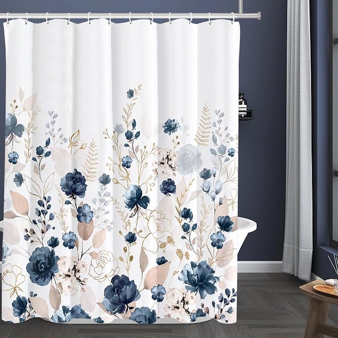 Tititex Aesthetic Navy Blue Floral Shower Curtain Sets, Watercolor Gold Flowers Leaves Bathroom Decorative 71x84 Inch Polyester Waterproof Fabric Bath Curtain with Hooks