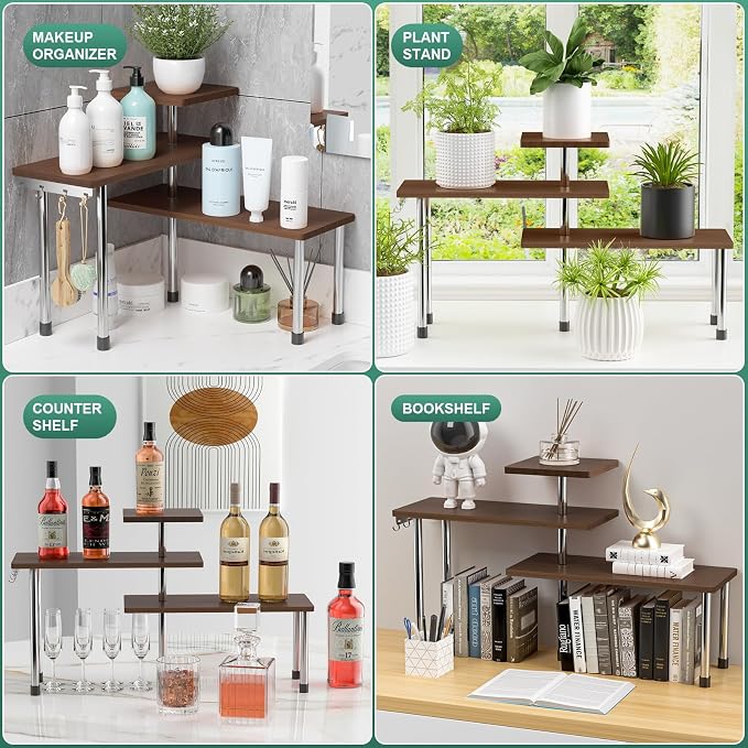 ZHWS Bathroom Counter Organizer for MakeUps, Dresser Table, Kitchen Countertop Organizer Adjustable 3 Tier Corner Shelf with 4 Metal Hooks for Coffee Bar, Spice Rack, Over Sink