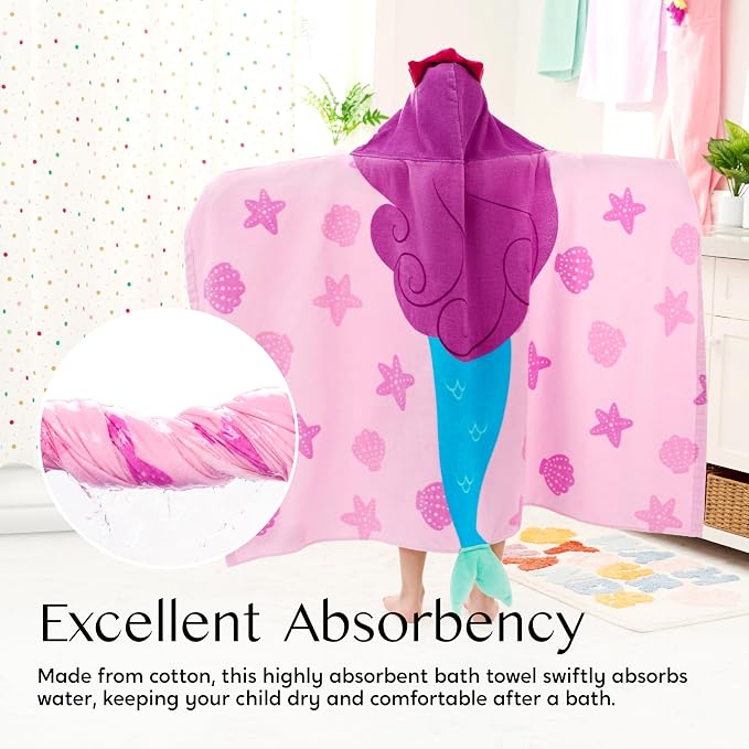 Joiedomi Mermaid Hooded Towel for Kids Soft 100% Cotton Bath Beach Towel 30" x 50" for Kids 3-8 Years Toddler Pool Poncho with Hood Absorbent Swim Wrap for Boys Girls