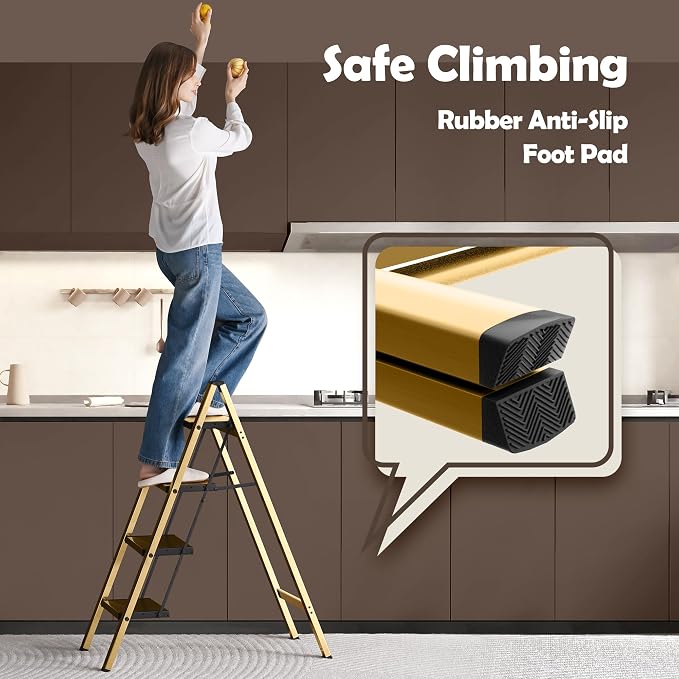 Taranta 4 Step Stool Foldable,Aluminum Step Ladder-Gold | Lightweight,Wide Anti-Slip Pedals,Folding Step Stool,330lbs Capacity Stepladder for Household,Kitchen,Office