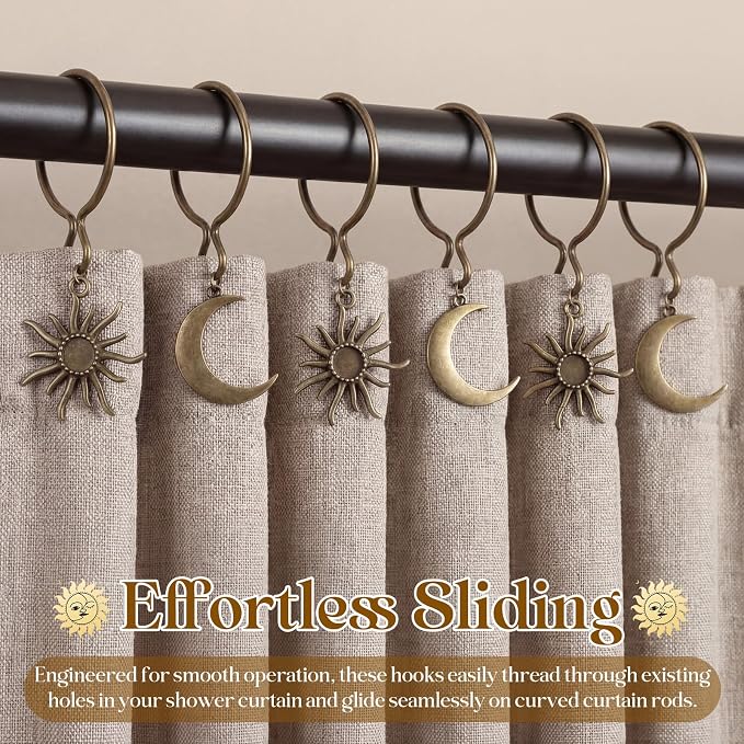 12 Pcs Sun Moon Celestial Shower Curtain Hooks Boho Theme Bathroom Decor Mystic Fantasy Goth Curtain Hooks Rings Vintage Bathroom Decoration(Boho,Bronze)