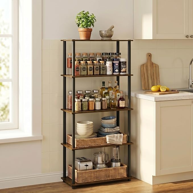 Furinno Turn-N-Tube Storage Shelves, 5-Tier Book Shelf, Corner Shelf, Toolless Open Shelves, for Organization and Storage, Living Room, Garage, Home Office, Amber Pine