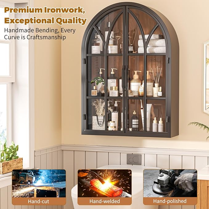 Arched Wall Cabinet with Glass Door, NO Assembly, Metal Wooden | Metal Frame, 12MM Wooden Shelves, Handcrafted Arched Design, 40-lb per Tier, 5MM Tempered Glass, for Bathroom Wall Medicine