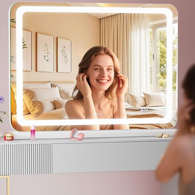 Vanity Mirror with Lights, 32" x 22" LED Makeup Mirror with 10X Magnification, Dimmable 3 Modes, Memory Function, Smart Touch, USB Charging Port, Lighted Makeup Mirror Round White