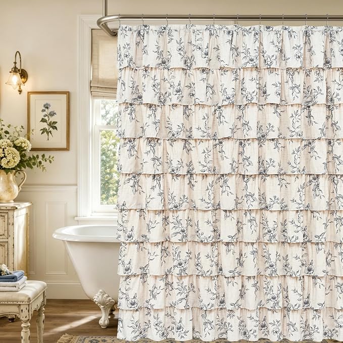Yinhua Extra Long Farmhouse Ruffle Shower Curtains for Bathroom, 72" Wx84 L | Black Floral Print, Ruflle Design, 12 Metal Hooks, Vintage Rustic Washable Waterproof Shower Curtain for Bathroom Bathtub