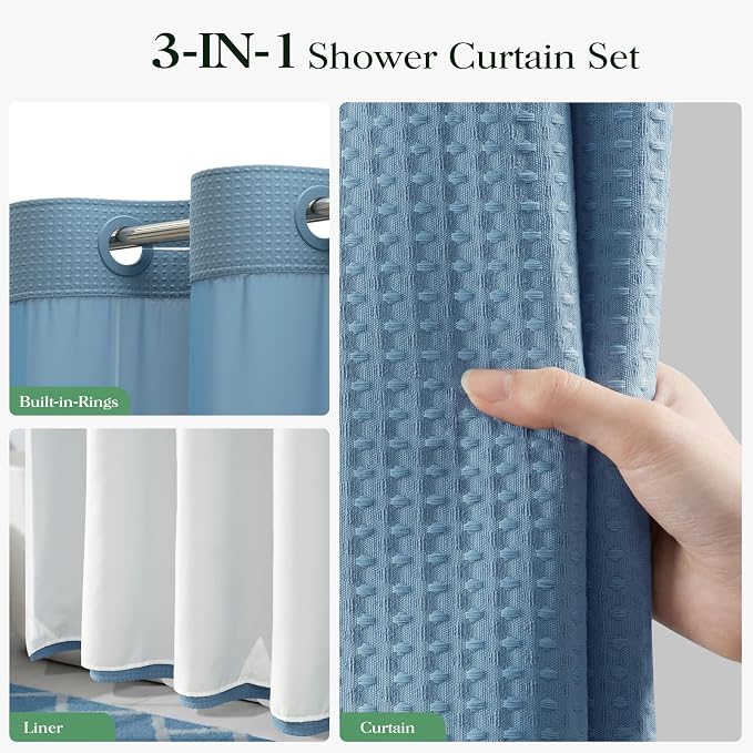 Moonlight Blue Hook Free Waffle Shower Curtain & Snap Liner,72x87 | Less Time to install, 3 in 1 Fabric Shower Curtain and Liner Set with Magnets, Extra Long, Shower Curtains for Bathroom