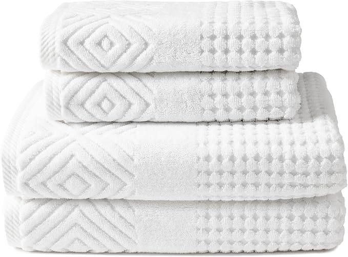Texere 100% Organic Cotton Diamond Jacquard 700 GSM Luxury Bath Towel Sets - Ultra Soft and Absorbent Hotel and Spa Quality (Diamond, Bright White, 2 Bath & 2 Hand Towels)