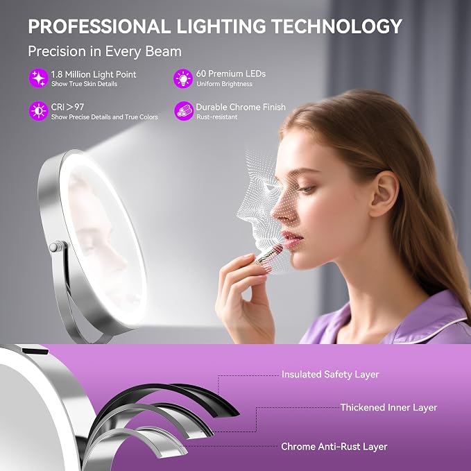 Auxmir 9" 1X/30X Lighted Makeup Mirror, Rechargeable Maginfying Mirror | 3 dimmable colors, 14.9-18.5 in adjustable height, 3000mAh, 360°rotation, stable storage base, 30X magnification, Chrome