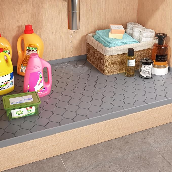 Winisok Waterproof Under Sink Mat 31" x 22", Silicone Mat, Black | Raised Edge Traps Spills & Leaks, Shelf Liner, Cabinet Protector, for Kitchen, Bathroom, Boots, Pets, Home Essentials