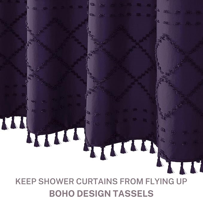 Siiluminisoy Boho Shower Curtain 84inch Dark Purple Woven Fabric Long Shower Curtain, Tufted Chevron Textured Striped 72" x 84" Modern Farmhouse Minimalist Cloth Shower Curtains for Bathroom
