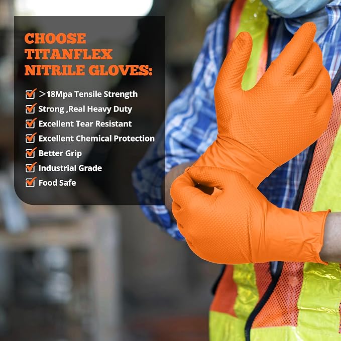 Heavy Duty Orange Nitrile Gloves, 6 Mil, Raised Diamond Texture, Mechanic Disposable Gloves, Latex Free Powder Free