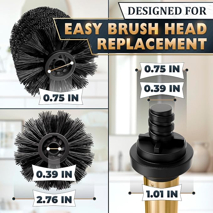 Toilet Bowl Brush with Holder, Stainless Steel Material, Replaceable Head | Gold Toilet Brush and Holder Set, Splash Protection & Dense Bristles for Bathroom Cleaning, Corrosion & Scratch Resistant